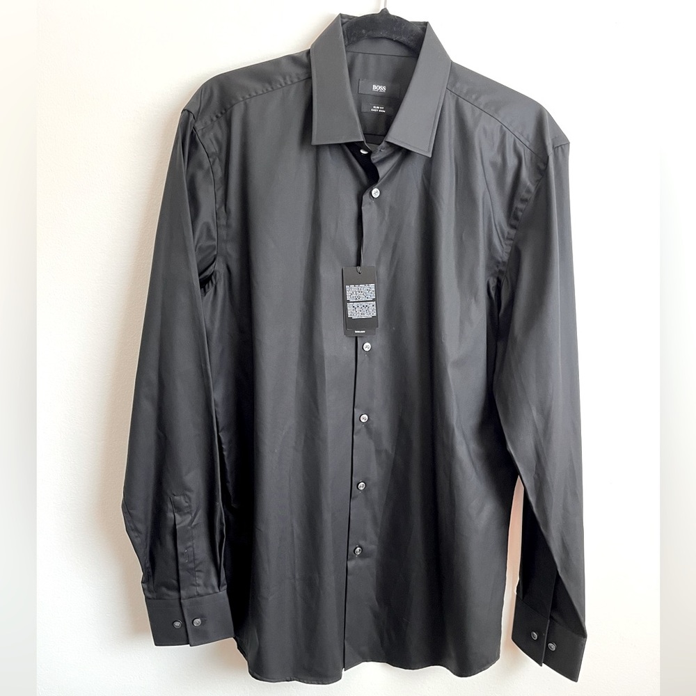 Boss NWT Size 16 Black Dress Shirt Slim Fit EZ Iron